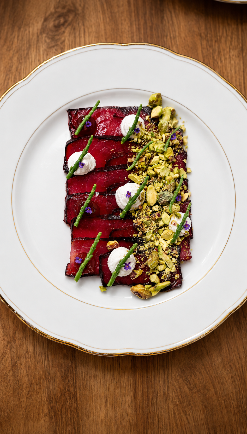 Beetroot carpaccio with pistachio and samphire